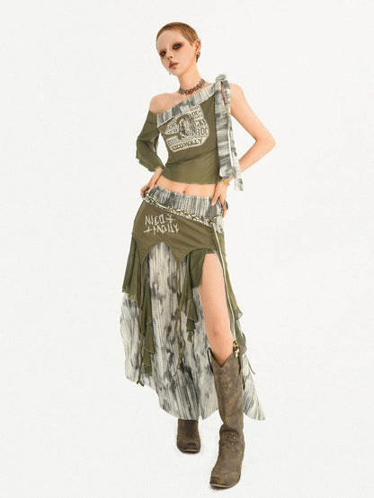 Nico Molly Distressed Print Asymmetric Off Shoulder Women&