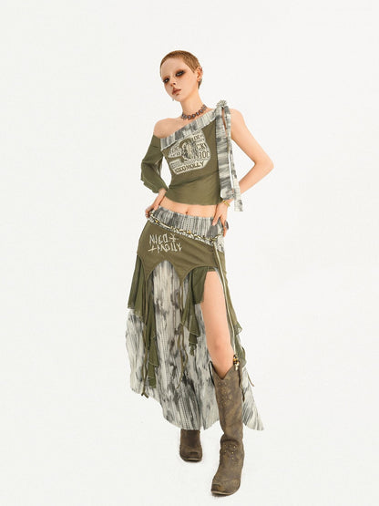 Nico Molly Distressed Print Asymmetric Off Shoulder Women&
