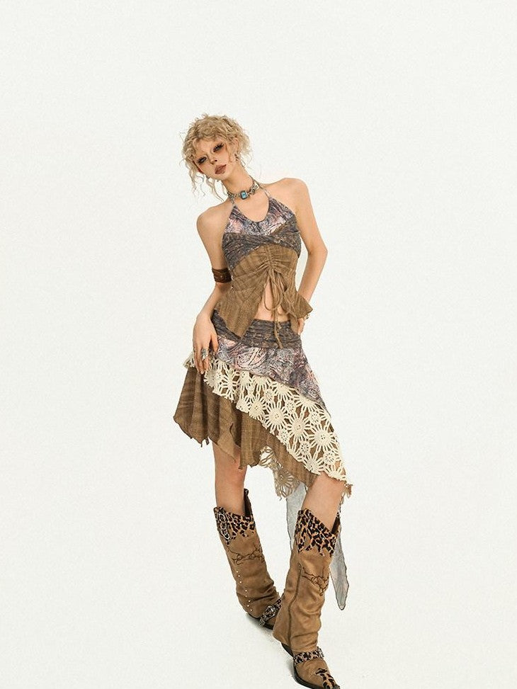Nico Molly Drawstring Patchwork Backless Asymmetrical Women&