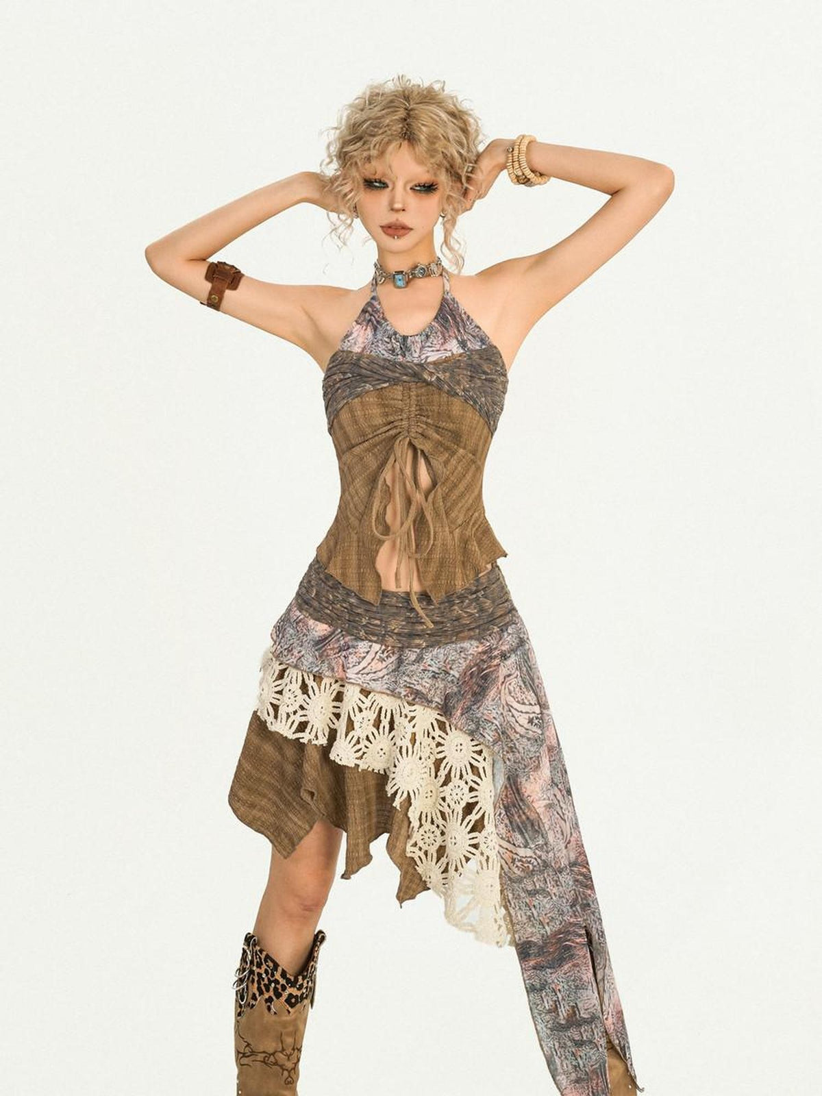 Nico Molly Drawstring Patchwork Backless Asymmetrical Women&