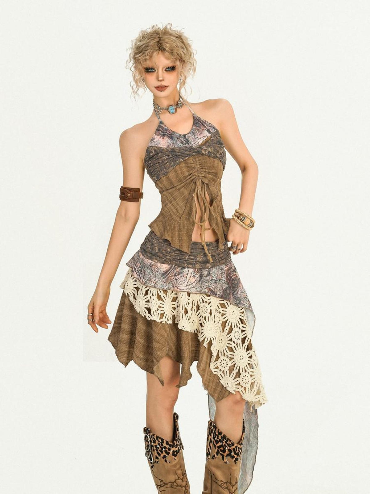 Nico Molly Drawstring Patchwork Backless Asymmetrical Women&
