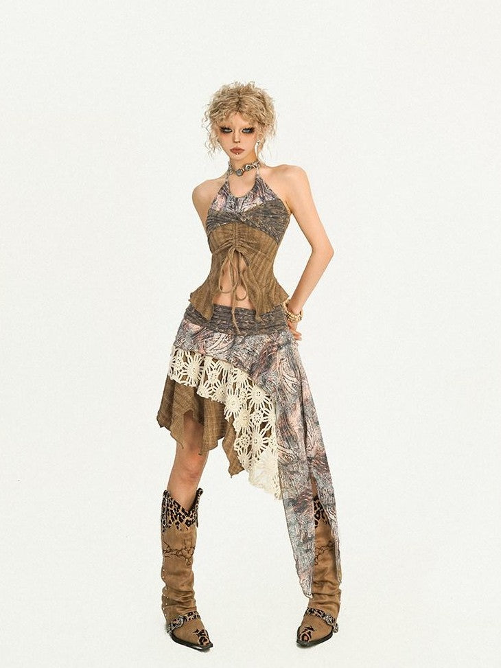Nico Molly Drawstring Patchwork Backless Asymmetrical Women&