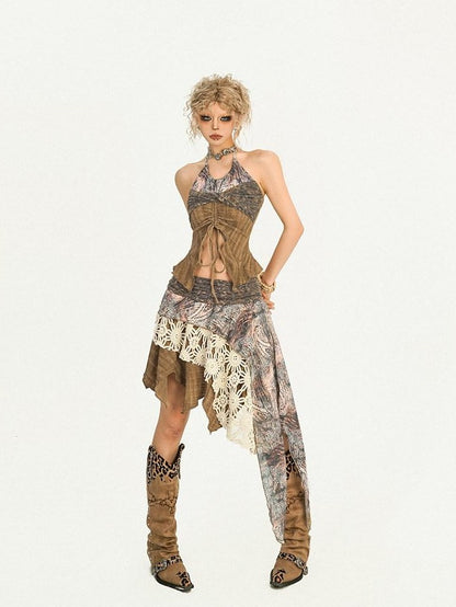 Nico Molly Drawstring Patchwork Backless Asymmetrical Women&