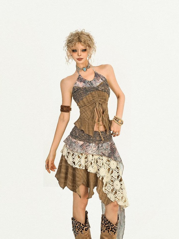 Nico Molly Drawstring Patchwork Backless Asymmetrical Women&