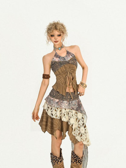 Nico Molly Drawstring Patchwork Backless Asymmetrical Women&