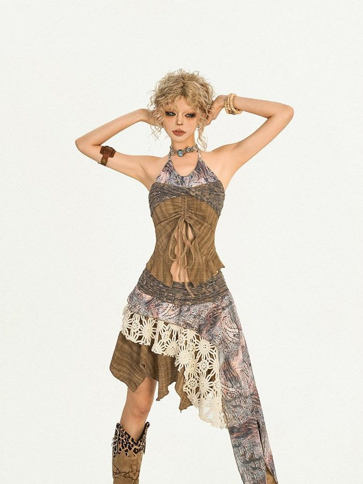 Nico Molly Drawstring Patchwork Backless Asymmetrical Women&