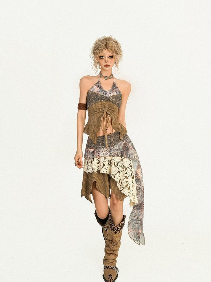 Nico Molly Drawstring Patchwork Backless Asymmetrical Women&