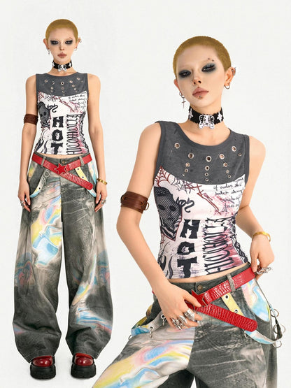 Nico Molly Edgy Punk Graffiti Letter Print Patchwork Slim Waist Women&