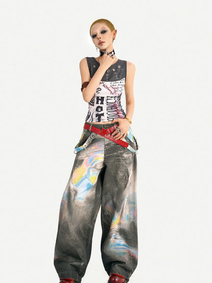 Nico Molly Edgy Punk Graffiti Letter Print Patchwork Slim Waist Women&