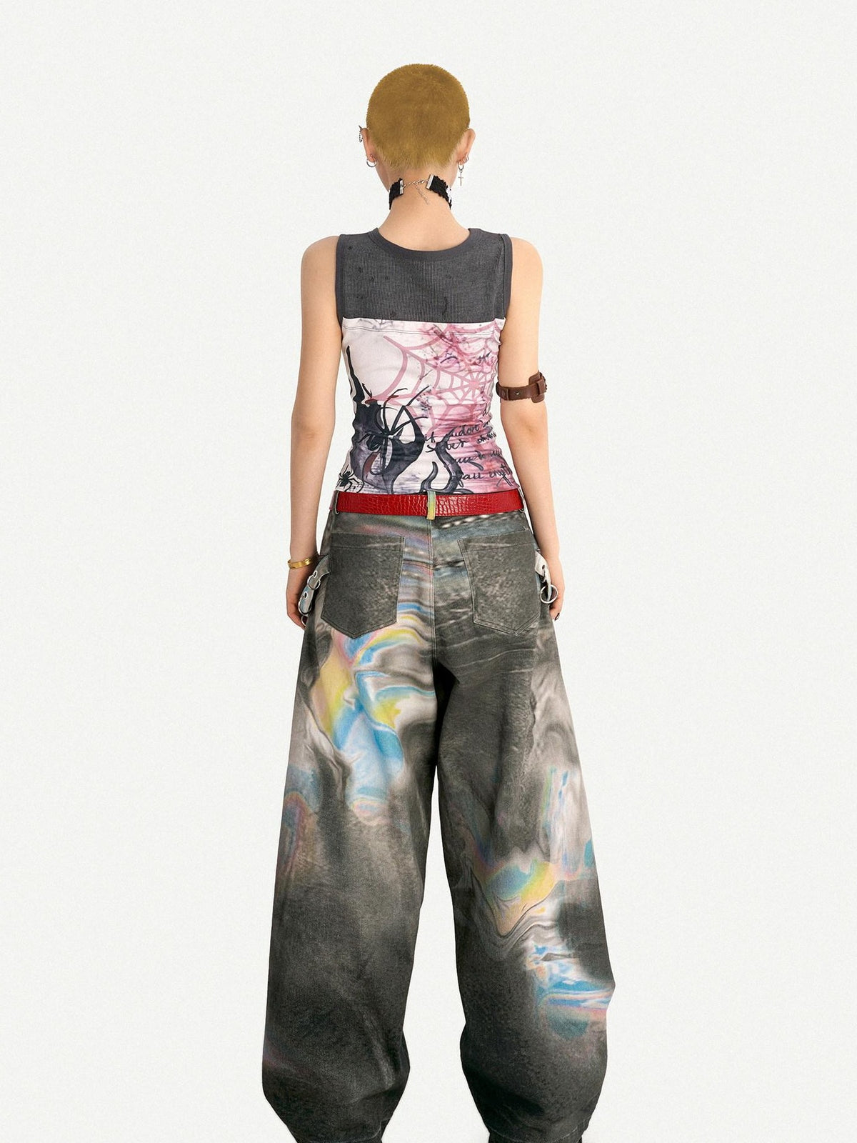 Nico Molly Edgy Punk Graffiti Letter Print Patchwork Slim Waist Women&