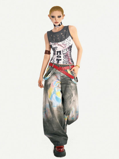 Nico Molly Edgy Punk Graffiti Letter Print Patchwork Slim Waist Women&