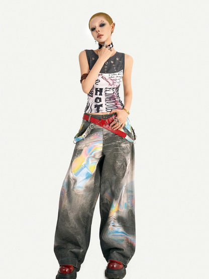 Nico Molly Edgy Punk Graffiti Letter Print Patchwork Slim Waist Women&