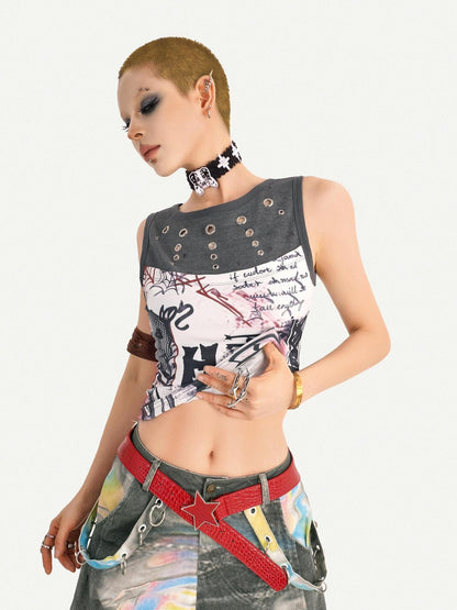 Nico Molly Edgy Punk Graffiti Letter Print Patchwork Slim Waist Women&