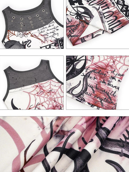Nico Molly Edgy Punk Graffiti Letter Print Patchwork Slim Waist Women&