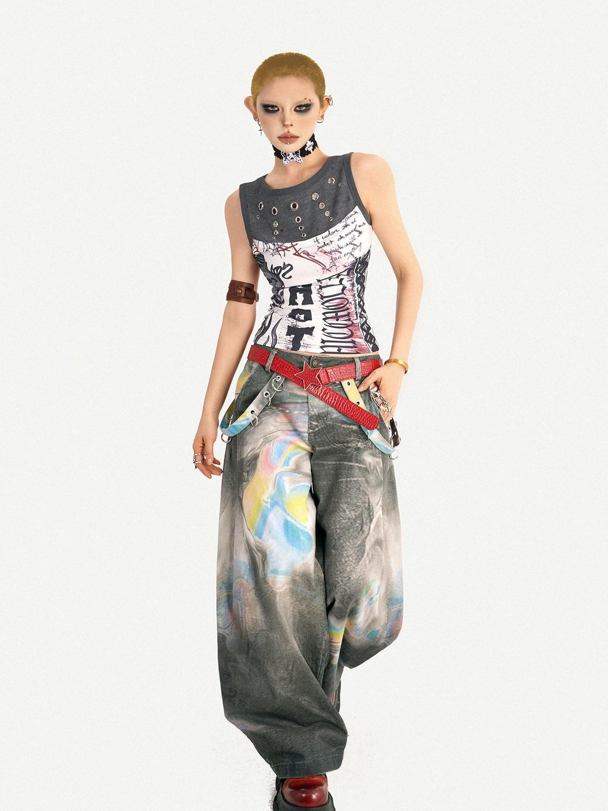 Nico Molly Edgy Punk Graffiti Letter Print Patchwork Slim Waist Women&