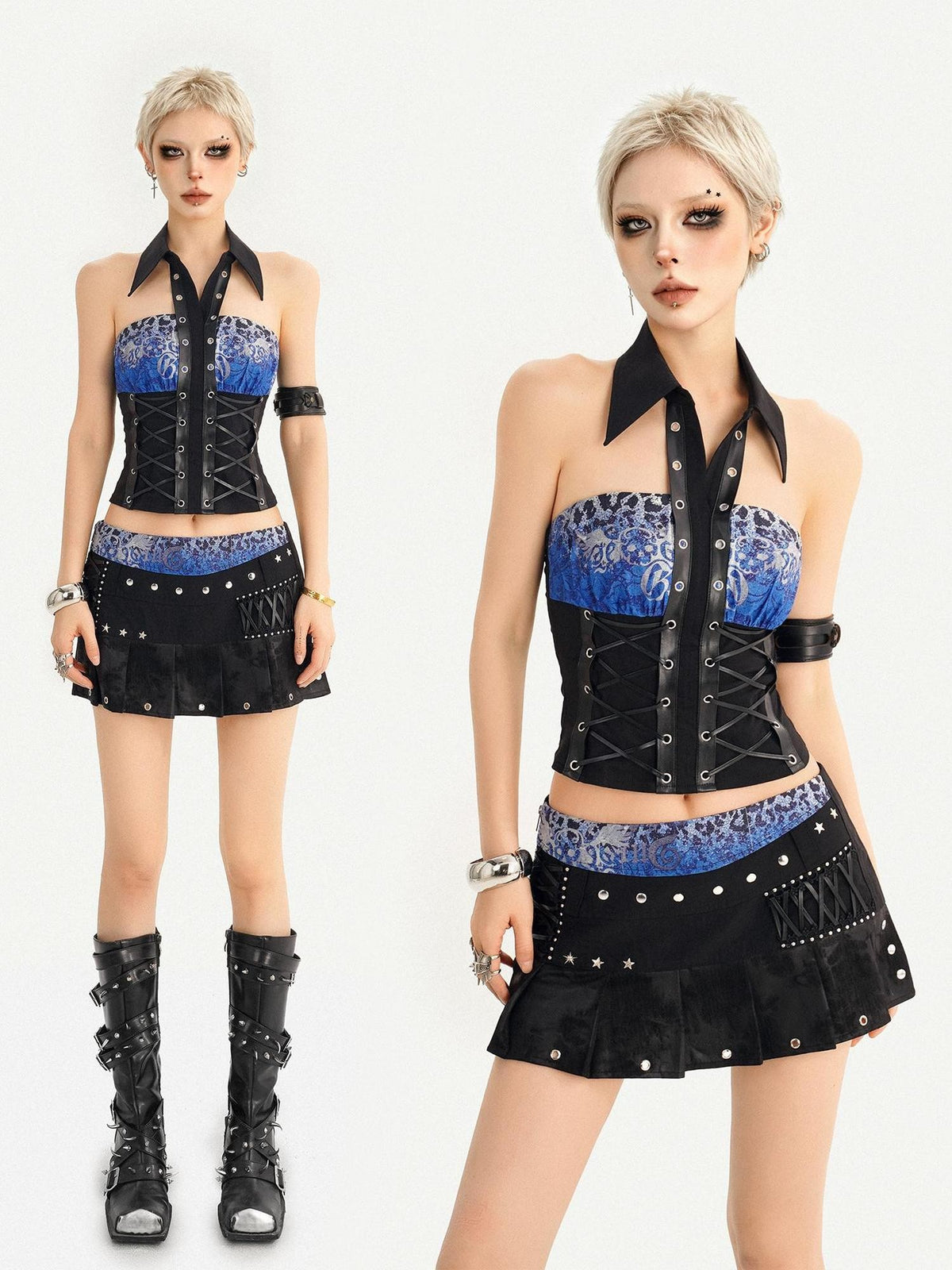 Nico Molly Electric Blue Dark Punk Studded Halter Bandeau Women&
