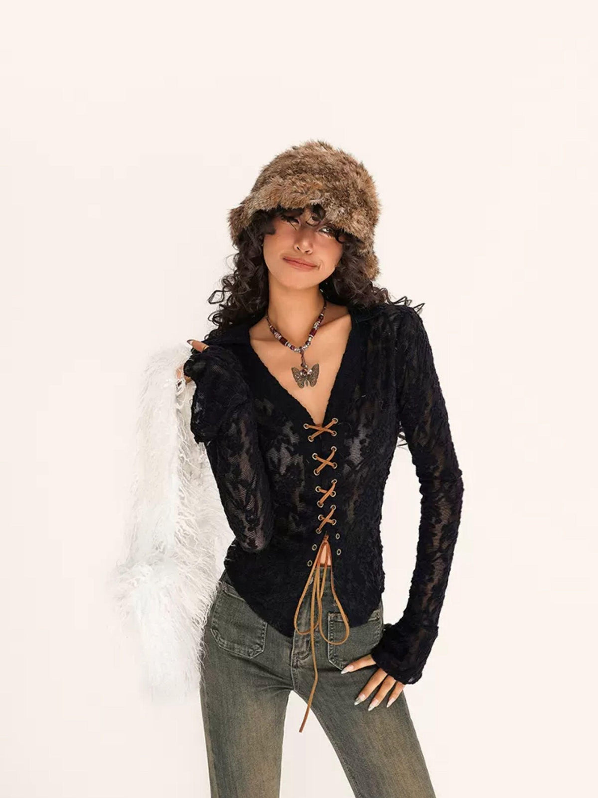 Nico Molly Embroidered Tie V-neck Bell Sleeve Vintage Slim Women&