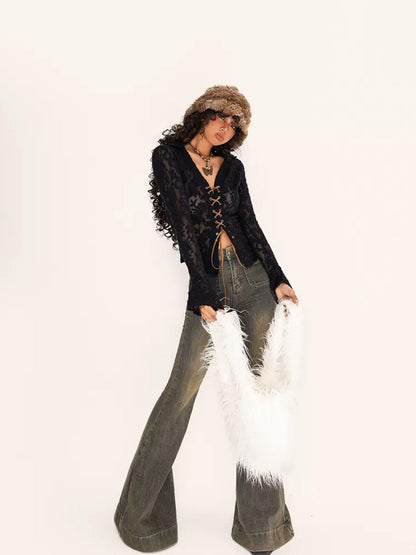 Nico Molly Embroidered Tie V-neck Bell Sleeve Vintage Slim Women&