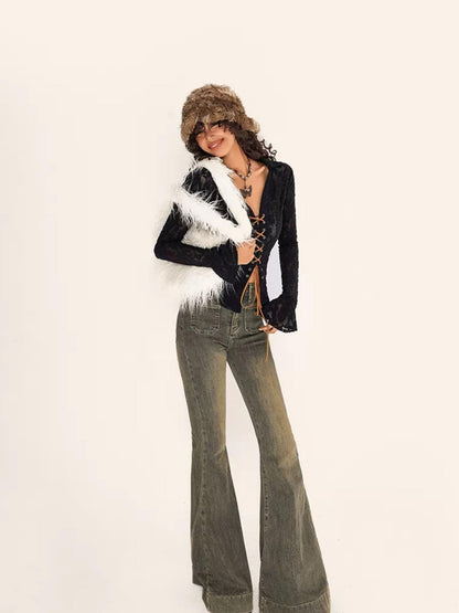 Nico Molly Embroidered Tie V-neck Bell Sleeve Vintage Slim Women&