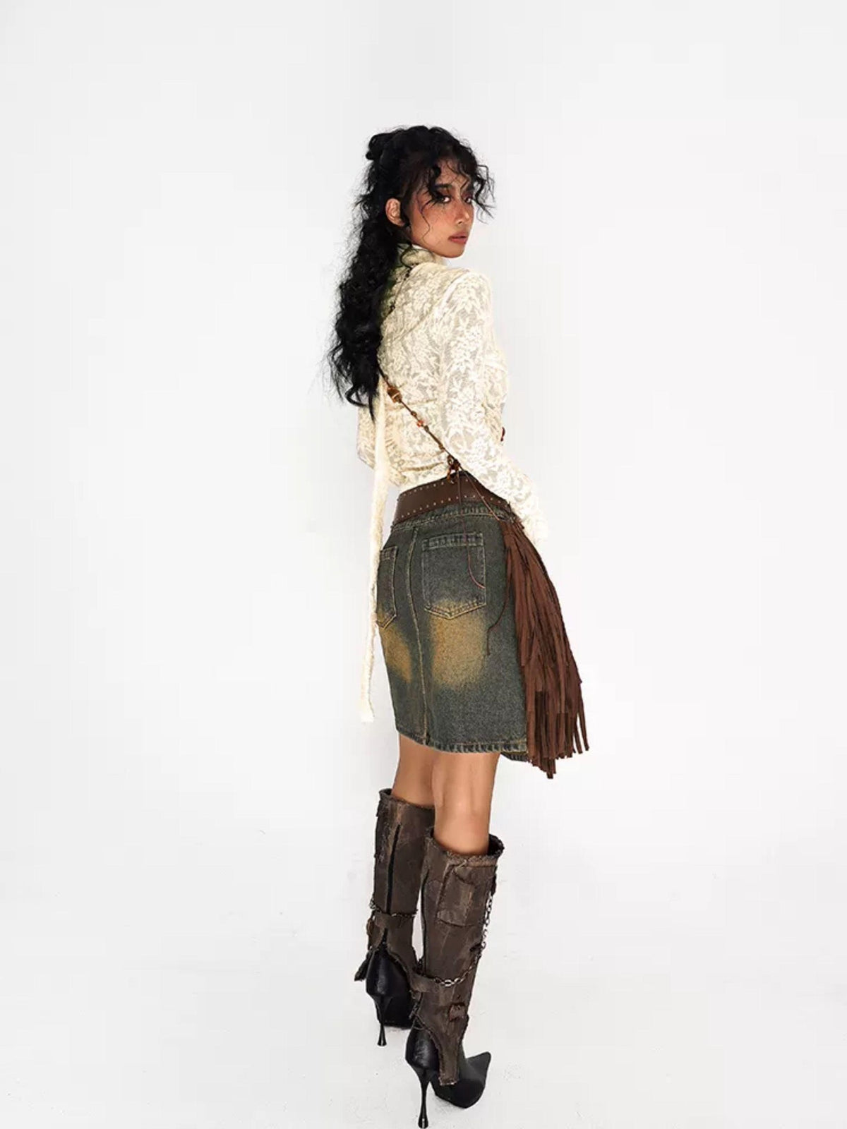 Nico Molly Embroidered Tie V-neck Bell Sleeve Vintage Slim Women&