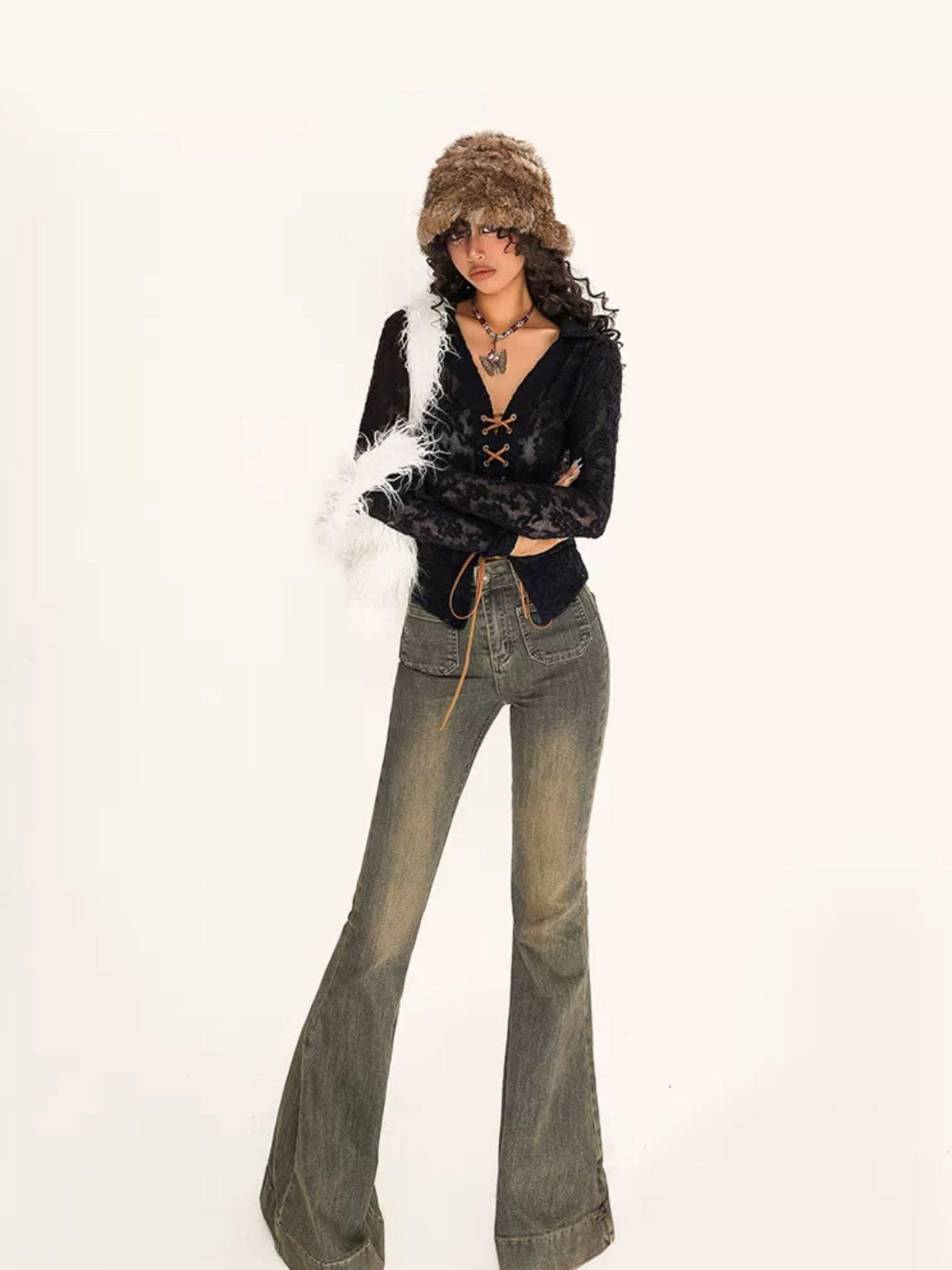 Nico Molly Embroidered Tie V-neck Bell Sleeve Vintage Slim Women&