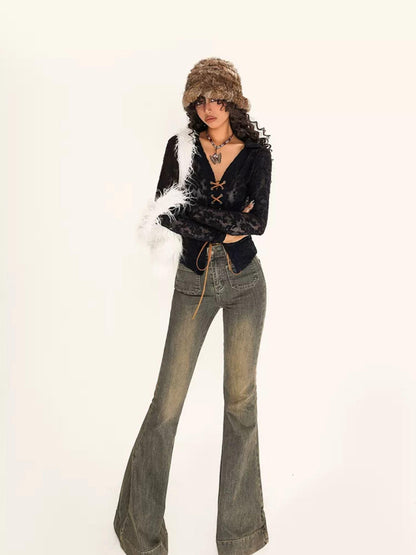 Nico Molly Embroidered Tie V-neck Bell Sleeve Vintage Slim Women&