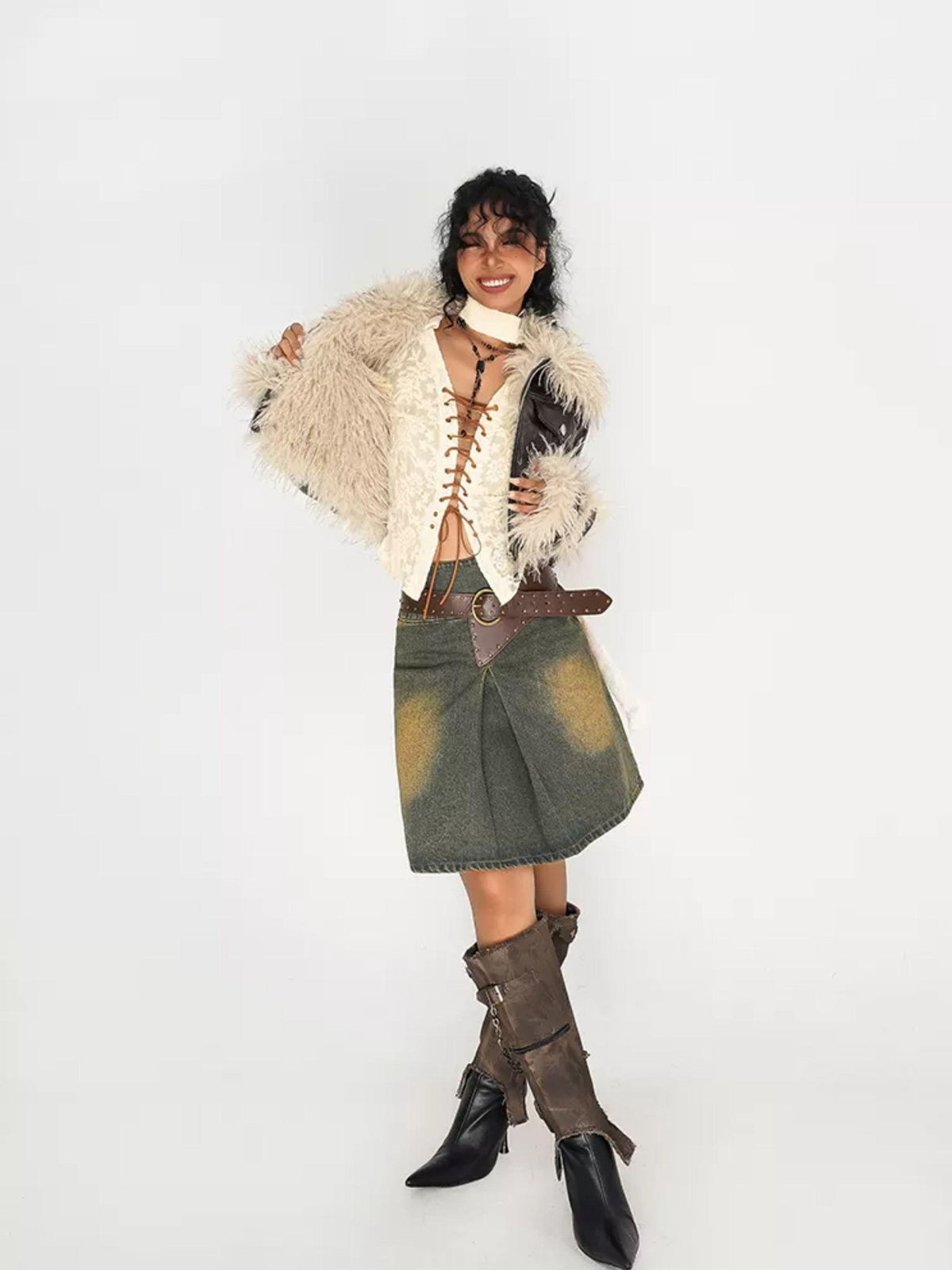 Nico Molly Embroidered Tie V-neck Bell Sleeve Vintage Slim Women&