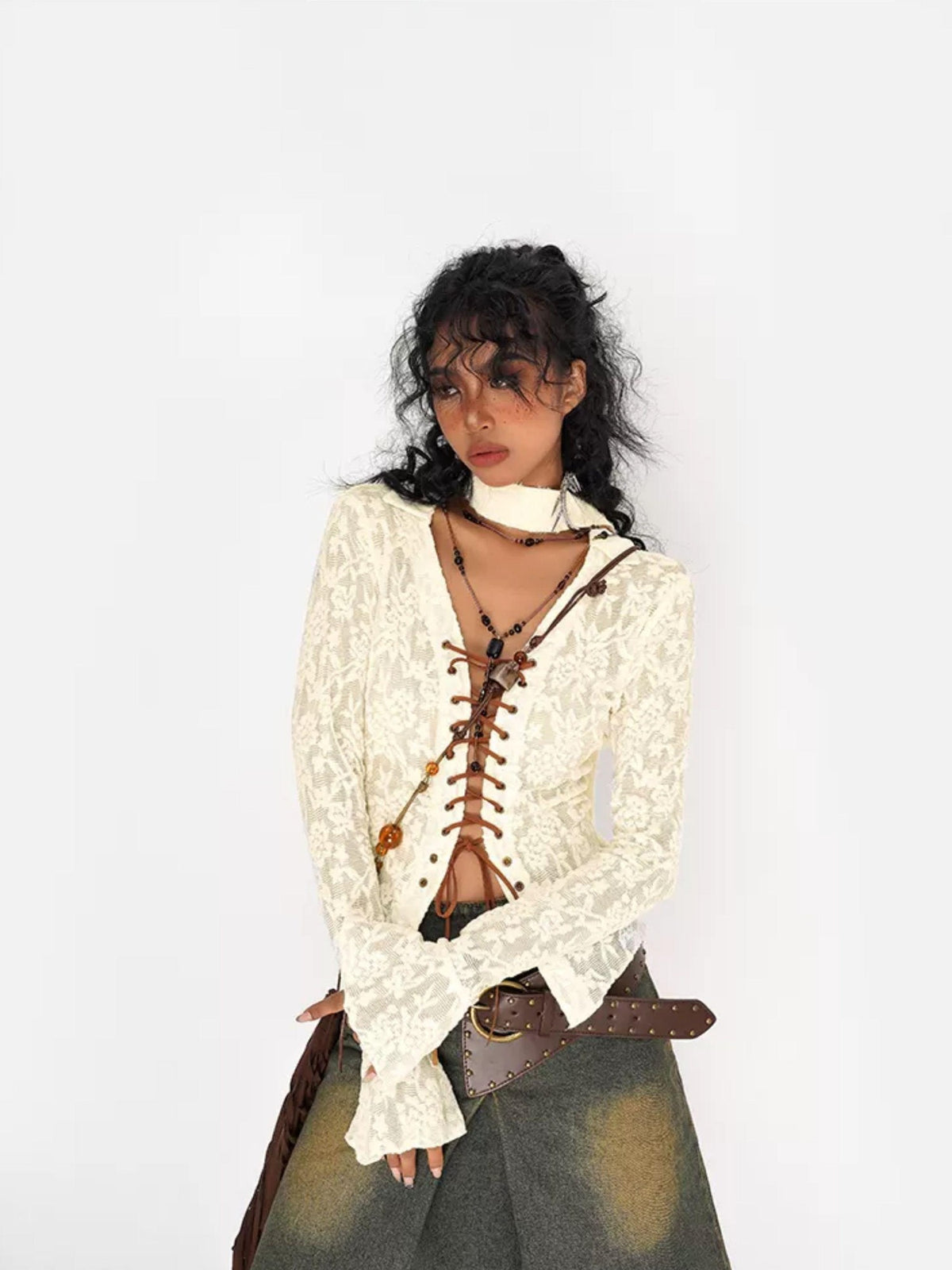 Nico Molly Embroidered Tie V-neck Bell Sleeve Vintage Slim Women&