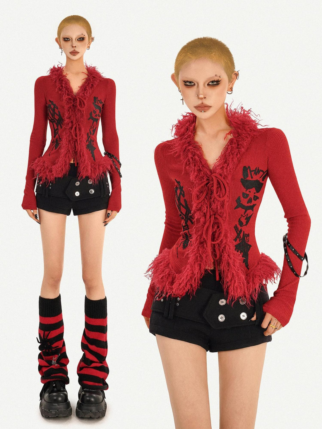 Nico Molly Faux Fur Collar Tie Waist V-neck Letter Print Slim Fit Women&