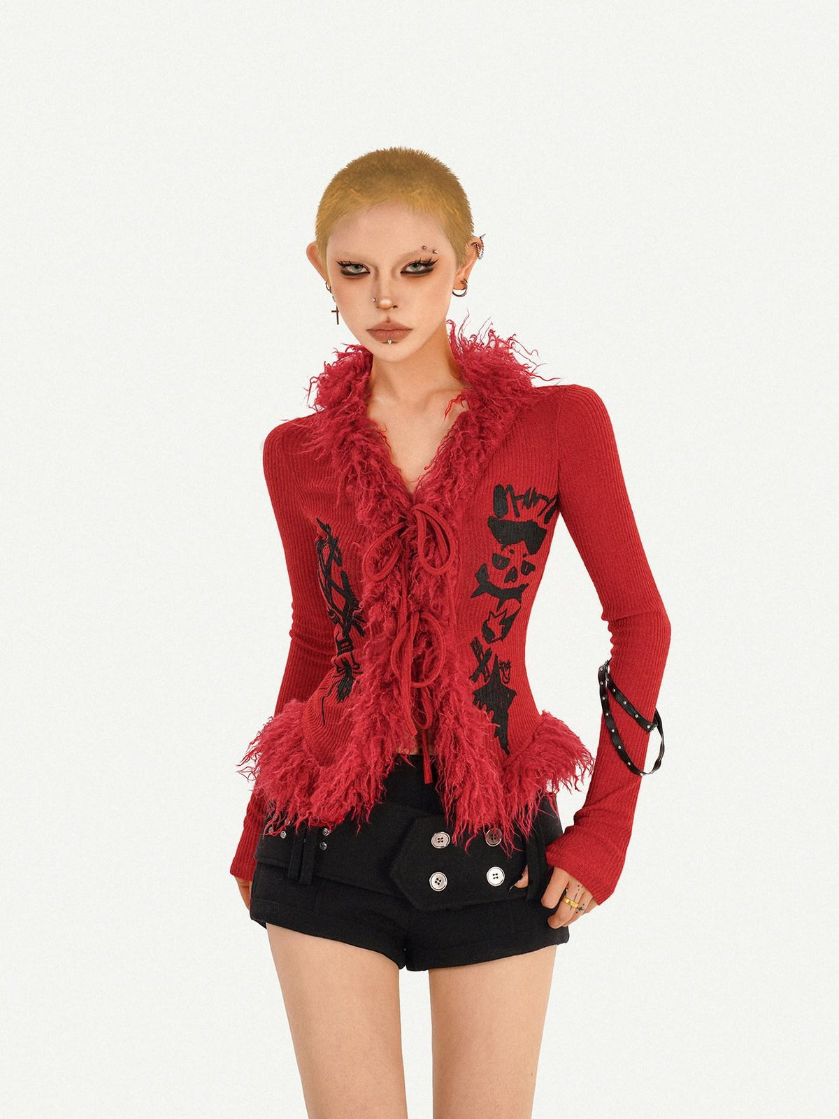 Nico Molly Faux Fur Collar Tie Waist V-neck Letter Print Slim Fit Women&