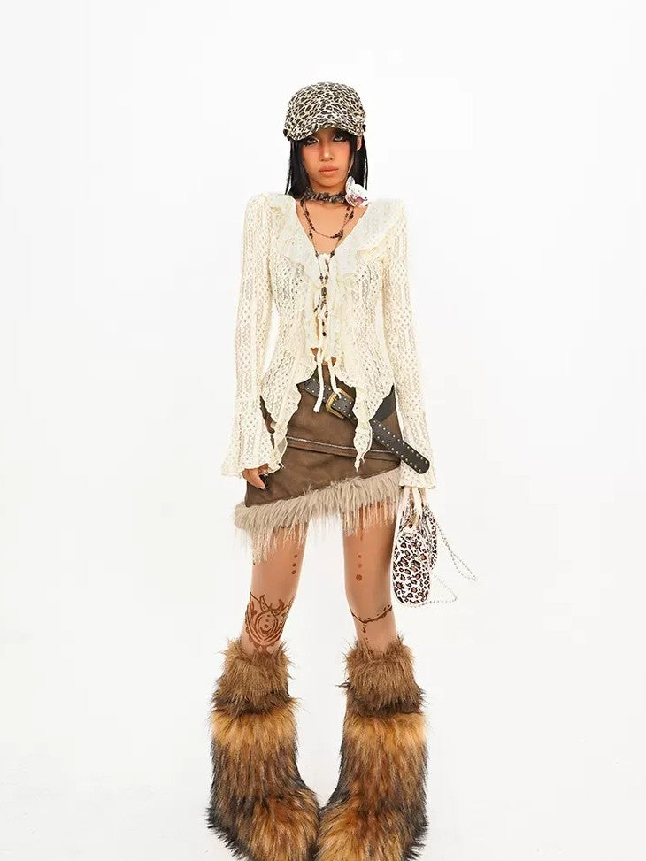 Nico Molly Faux Fur Patchwork Asymmetric High Waist Women&