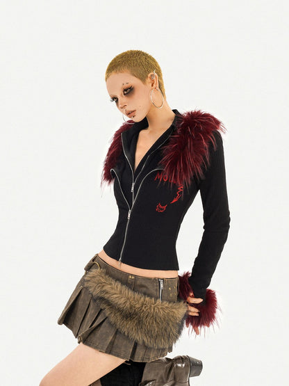Nico Molly Flame Fur Collar Double Zipper Faux Layered Knitted Slim Women&