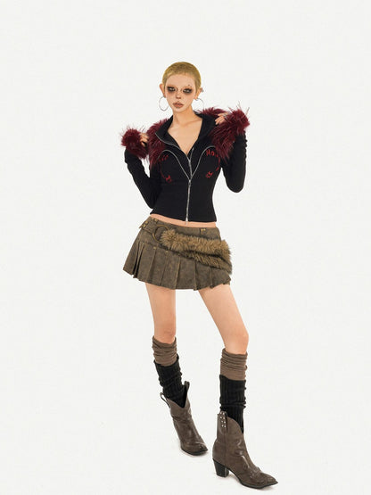 Nico Molly Flame Fur Collar Double Zipper Faux Layered Knitted Slim Women&