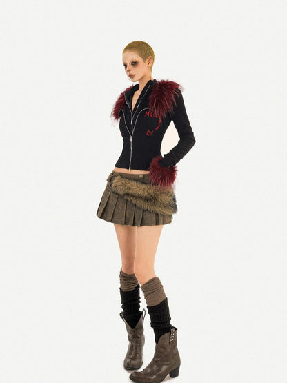 Nico Molly Flame Fur Collar Double Zipper Faux Layered Knitted Slim Women&