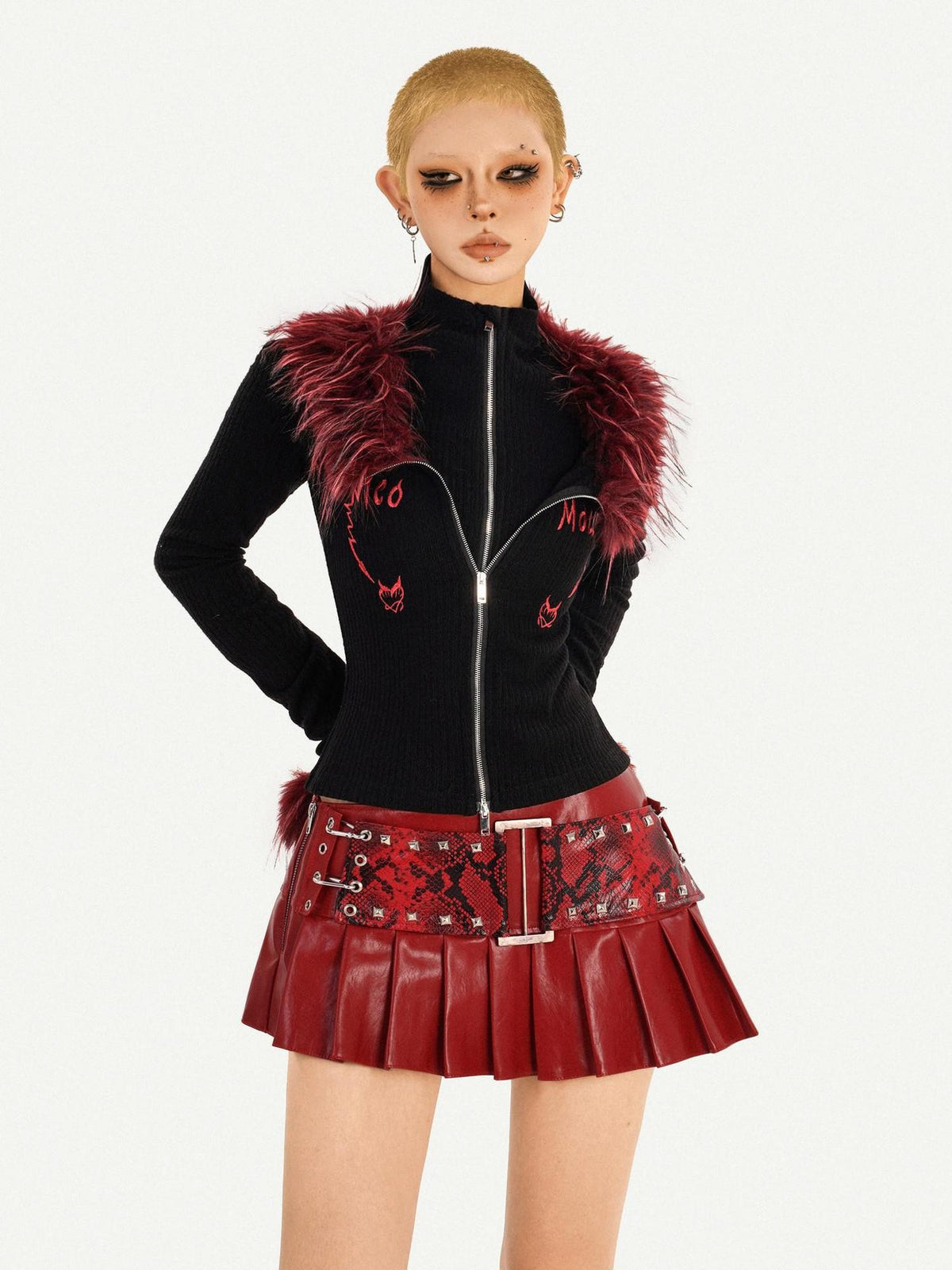 Nico Molly Flame Fur Collar Double Zipper Faux Layered Knitted Slim Women&