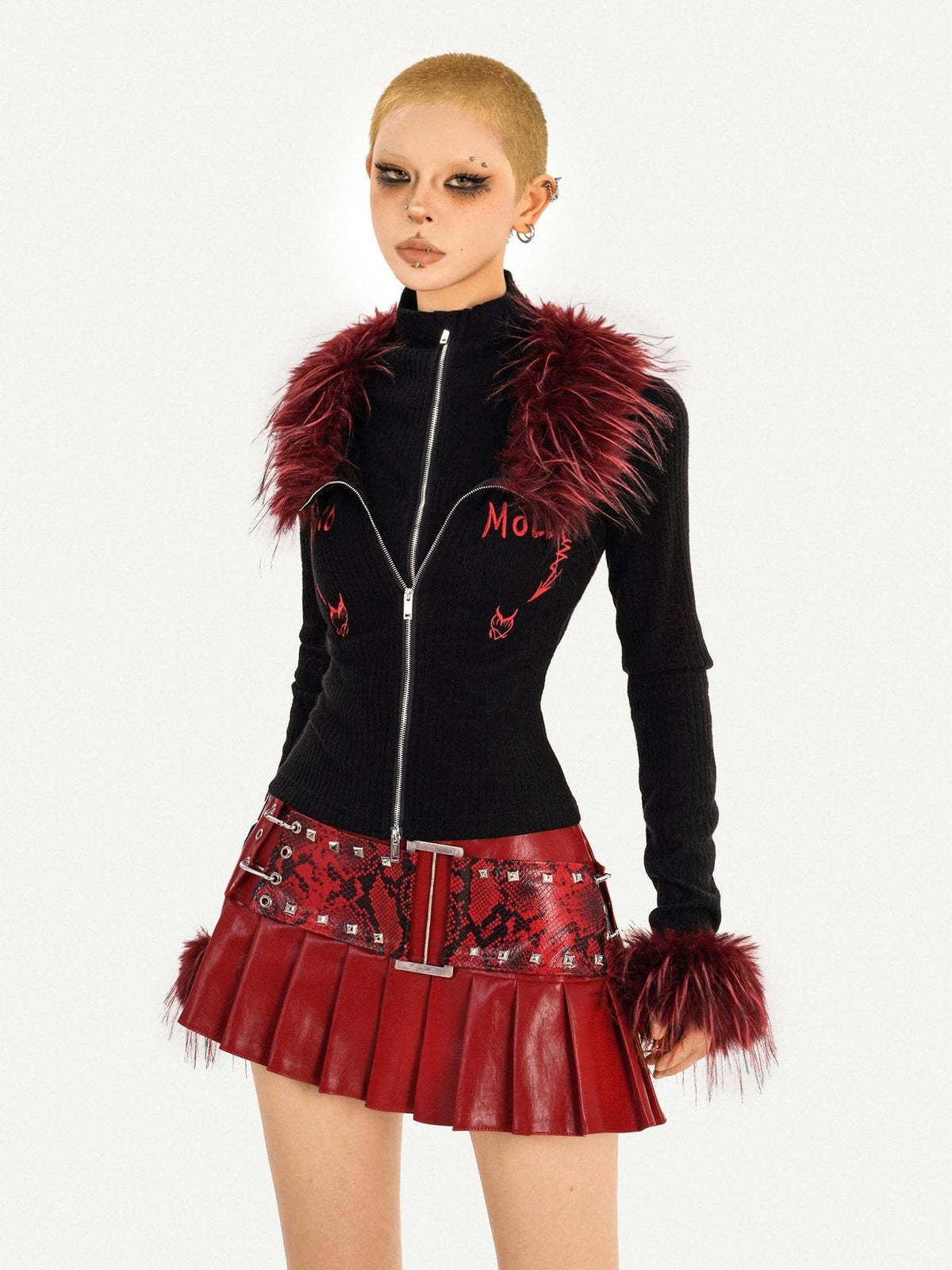 Nico Molly Flame Fur Collar Double Zipper Faux Layered Knitted Slim Women&