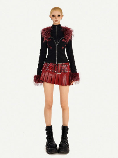 Nico Molly Flame Fur Collar Double Zipper Faux Layered Knitted Slim Women&