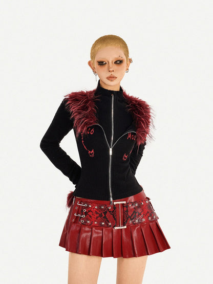 Nico Molly Flame Fur Collar Double Zipper Faux Layered Knitted Slim Women&