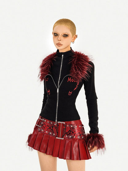 Nico Molly Flame Fur Collar Double Zipper Faux Layered Knitted Slim Women&