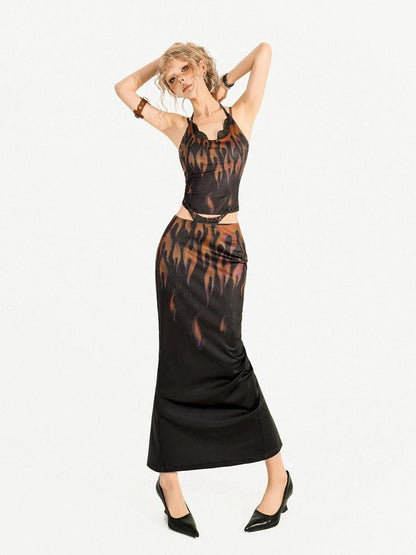 Nico Molly Flame Print Backless Halter Draped Skirt Women&