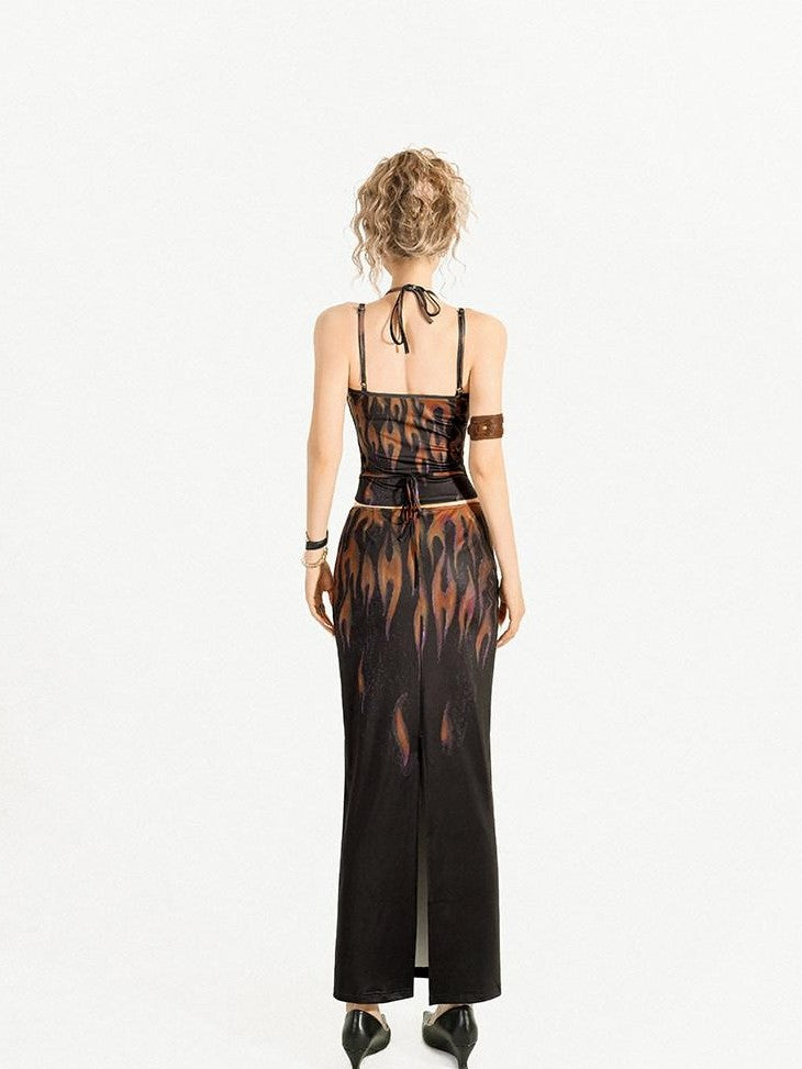 Nico Molly Flame Print Backless Halter Draped Skirt Women&