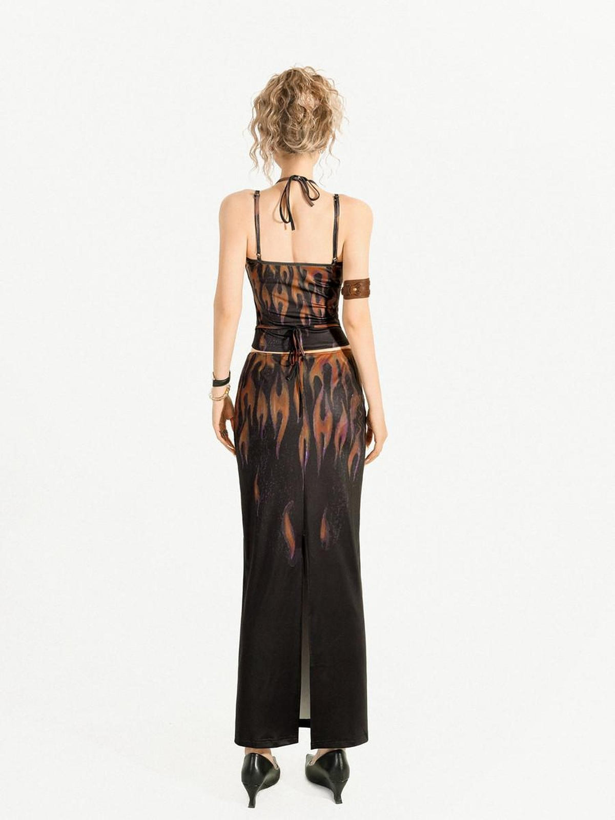 Nico Molly Flame Print Backless Halter Draped Skirt Women&
