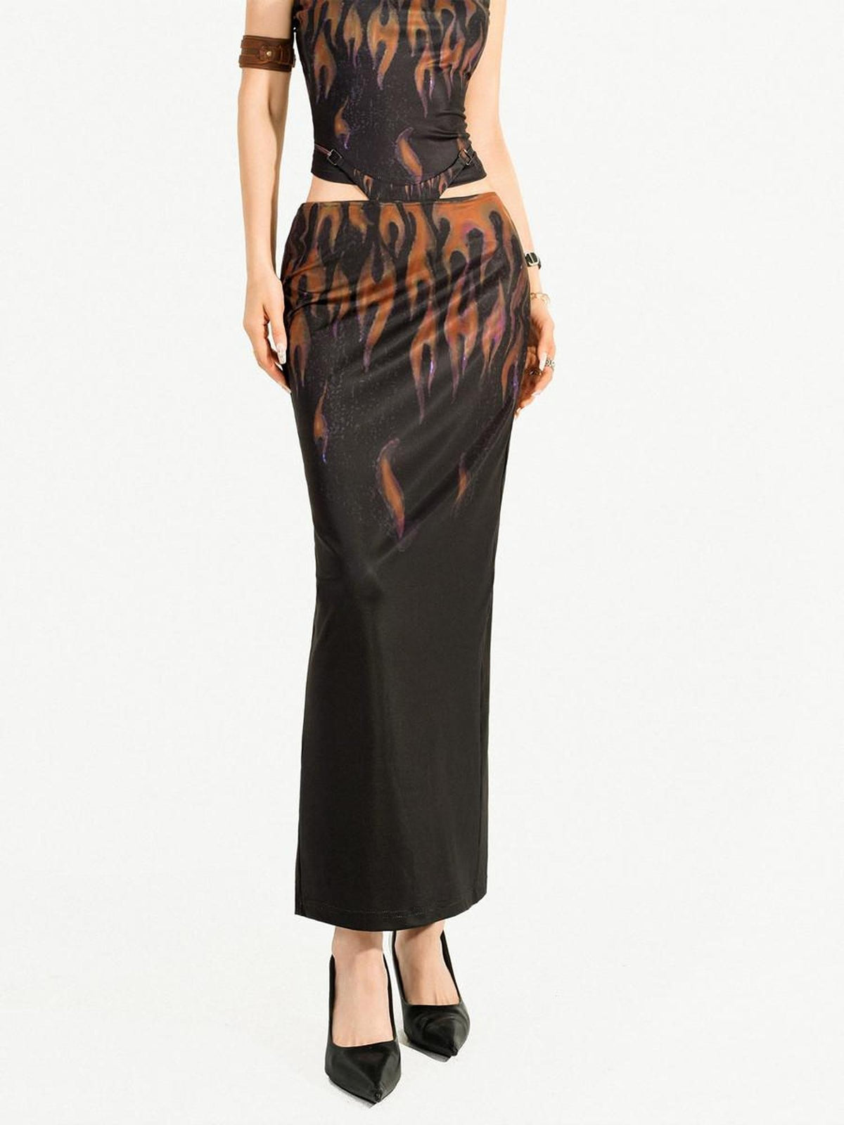 Nico Molly Flame Print Backless Halter Draped Skirt Women&