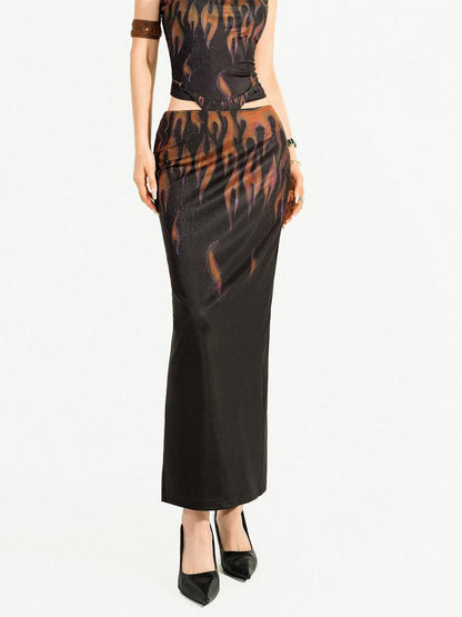 Nico Molly Flame Print Backless Halter Draped Skirt Women&
