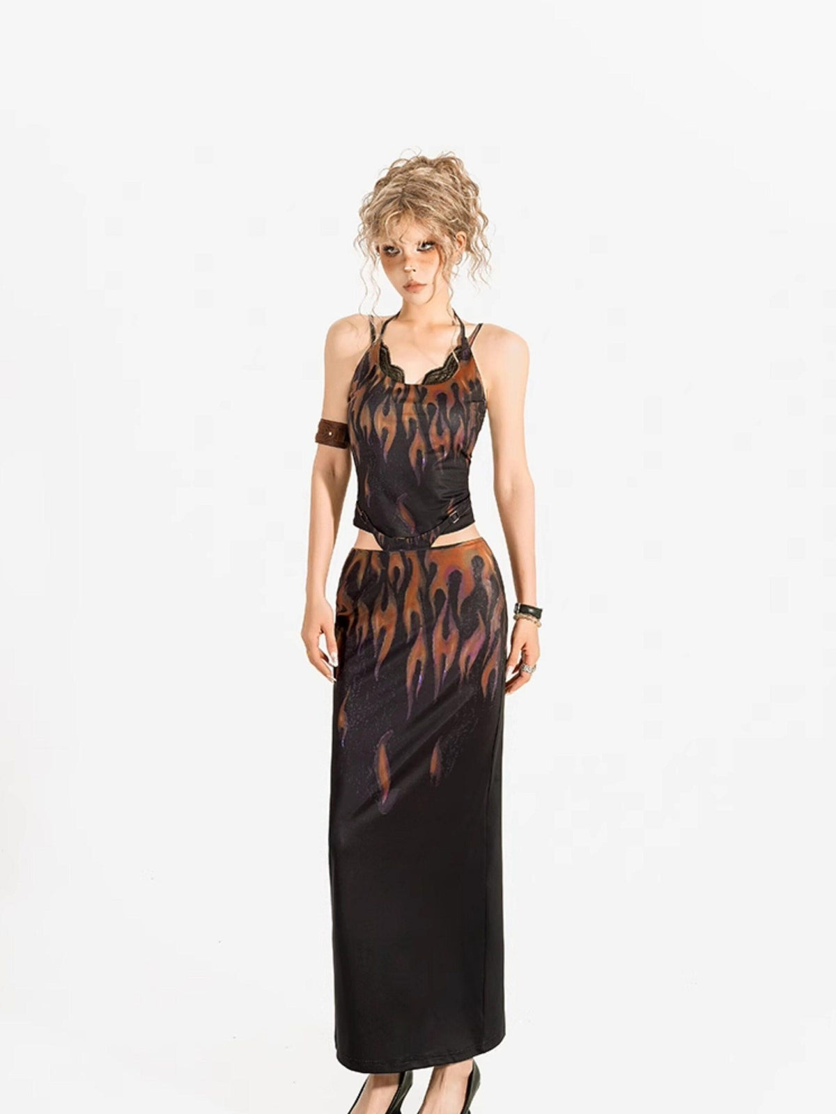 Nico Molly Flame Print Backless Halter Draped Skirt Women&