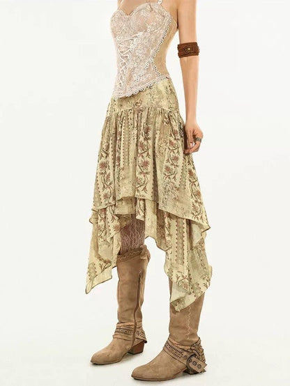 Nico Molly Floral Print Asymmetrical Ribbon A Line Mid Waist Women&