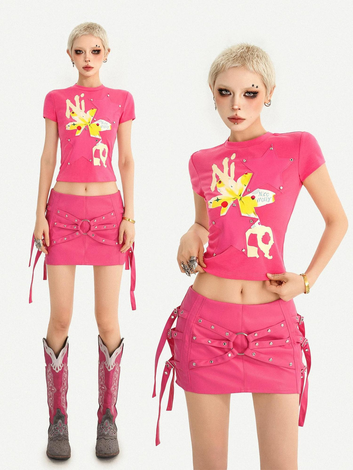 Nico Molly Fuchsia Star Print Studded Slim Short Sleeve Women&
