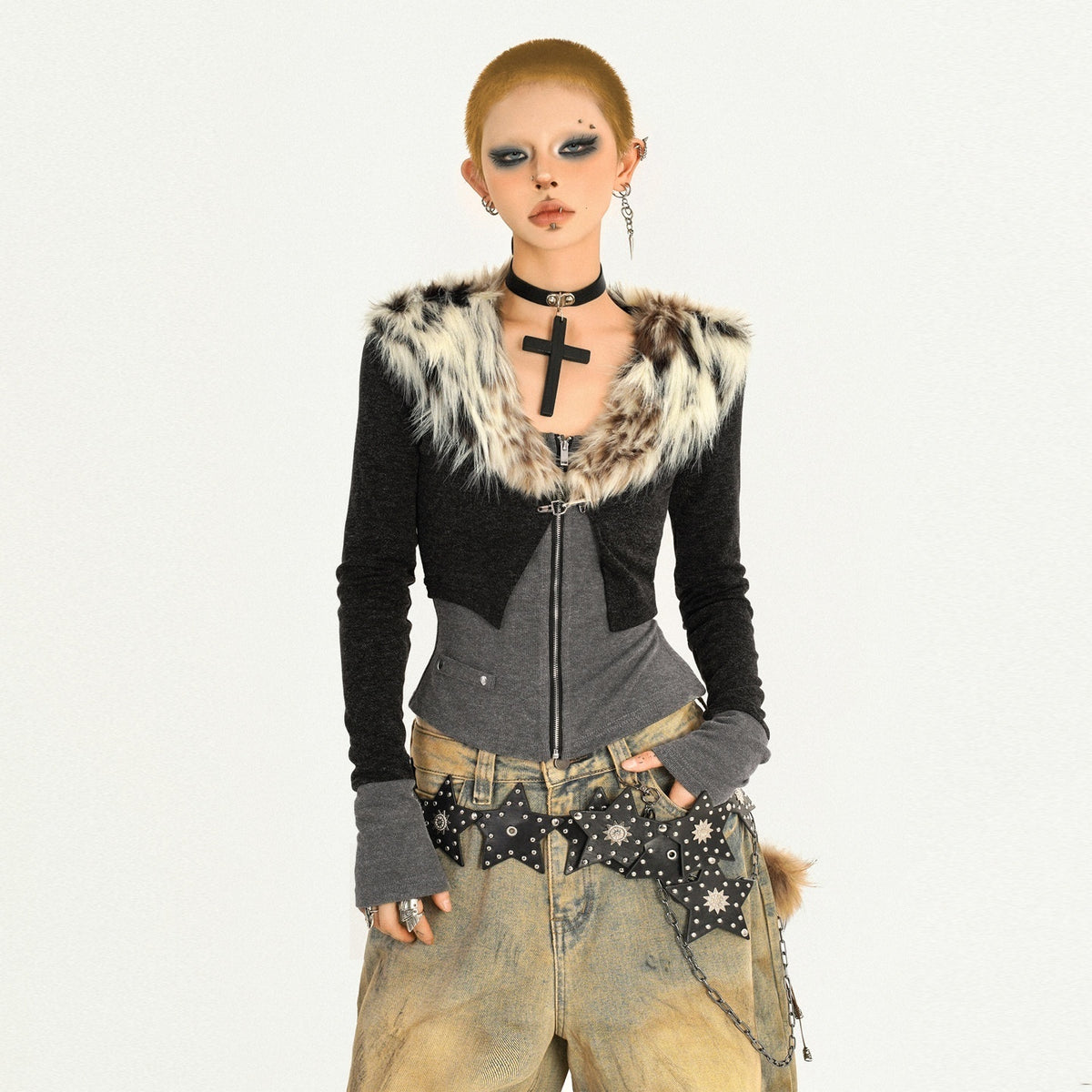 Nico_Molly_Fur_Collar_Leopard_Print_Faux_Layered_Slim_Waist_Knit_Zipper_Women&