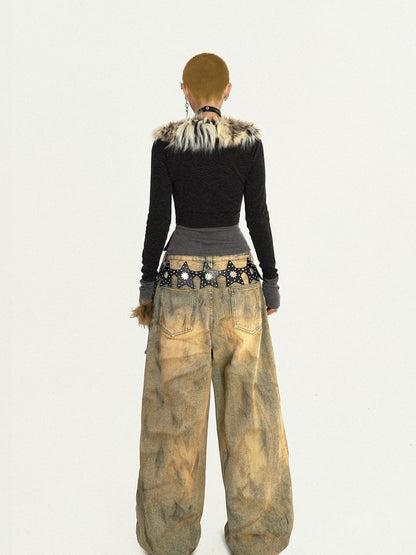 Nico Molly Fur Collar Leopard Print Faux Layered Slim Waist Knit Zipper Women&