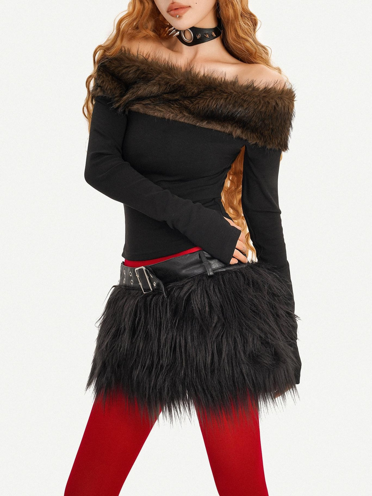 Nico Molly Fur Collar Off Shoulder Women&